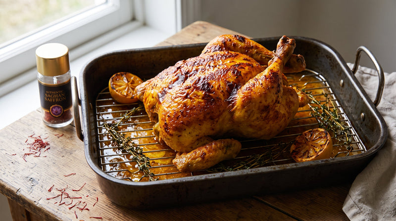 Whole roast chicken with saffron butter under the skin, burnished gold in a roasting tin with lemon and thyme, a jar of Authentic Afghan Saffron on the table behind