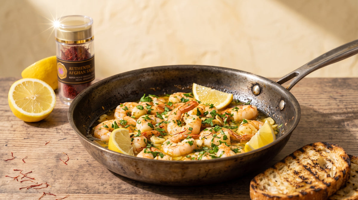 Saffron shrimp scampi in a skillet with garlic butter, parsley and lemon, beside a jar of Authentic Afghan Saffron threads