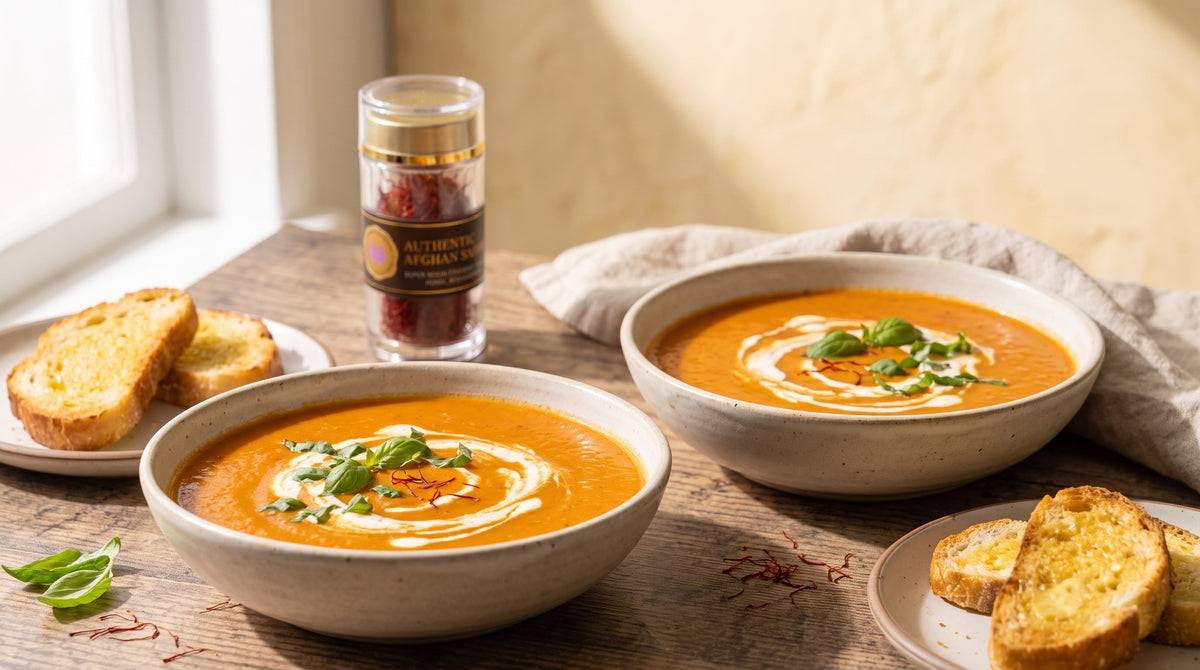 Two bowls of saffron tomato bisque with a cream swirl and buttered toast, beside a jar of Authentic Afghan Saffron threads