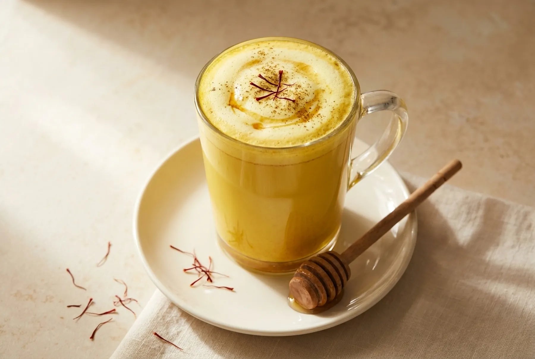 A tall glass of Afghan saffron golden latte with cardamom-dusted foam, honey dipper and red saffron threads