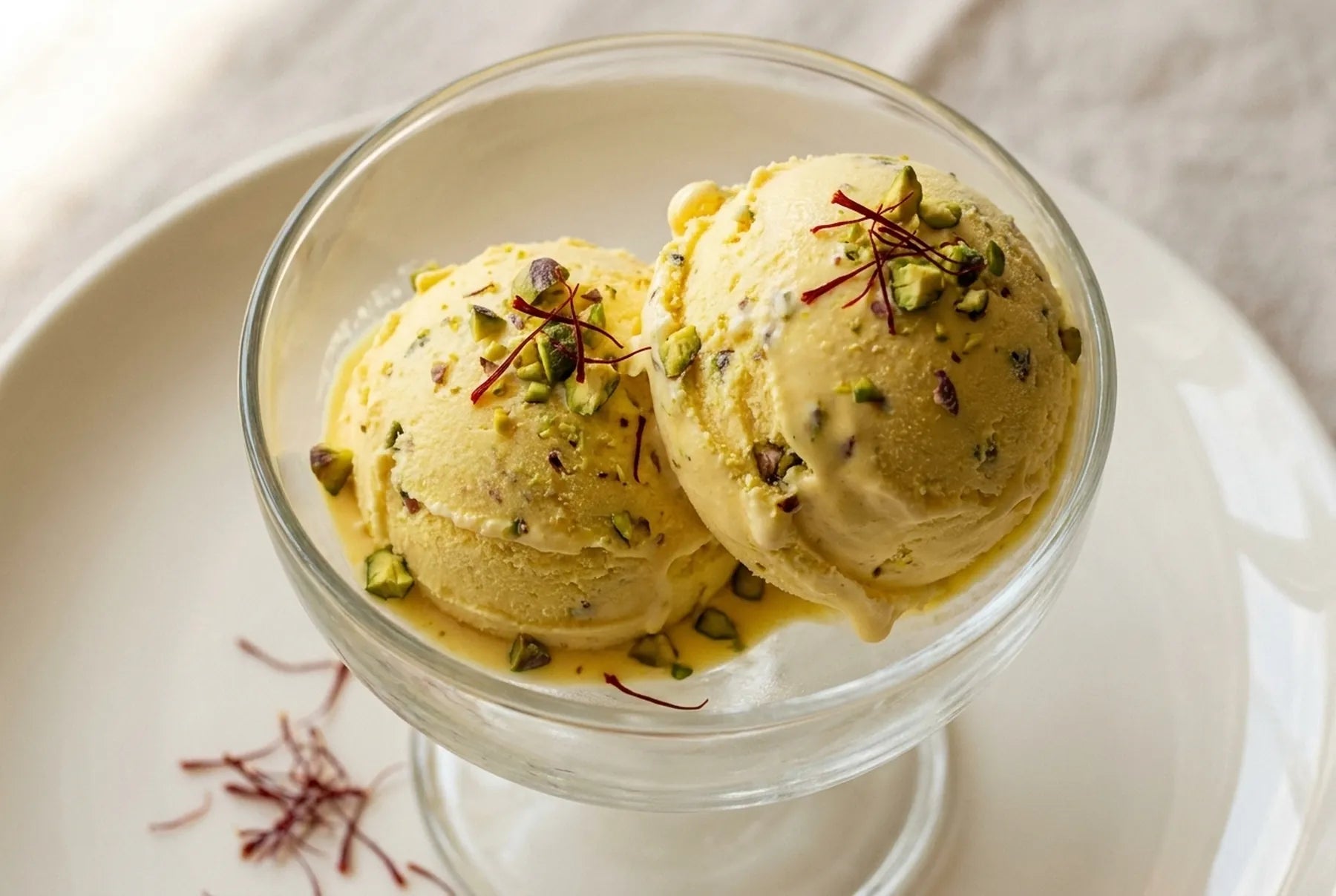 Two scoops of Afghan sheer yakh saffron ice cream with chopped pistachios in a chilled glass coupe