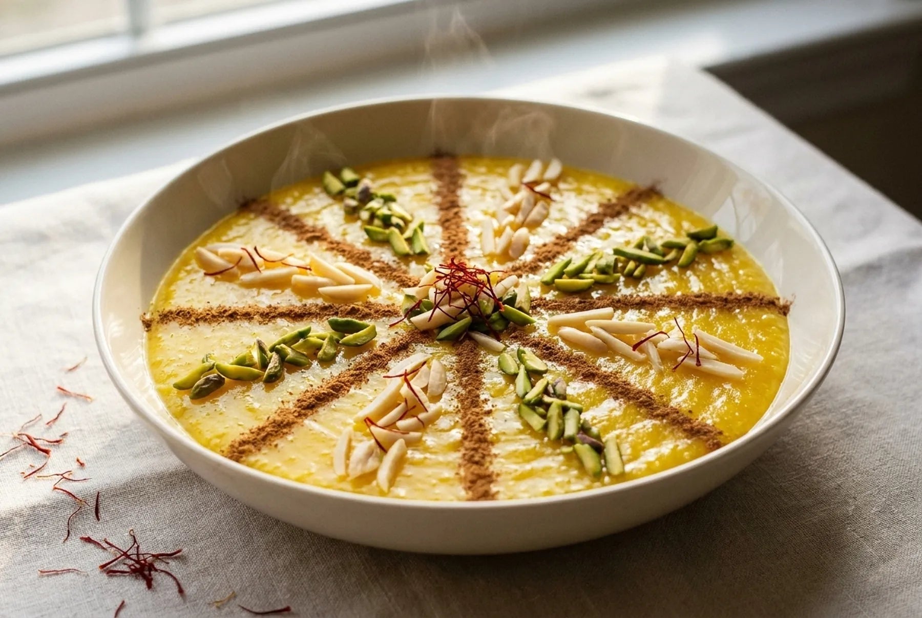 A bowl of Middle Eastern sholeh zard saffron rice pudding decorated with a radiating cinnamon pattern, almonds and pistachios